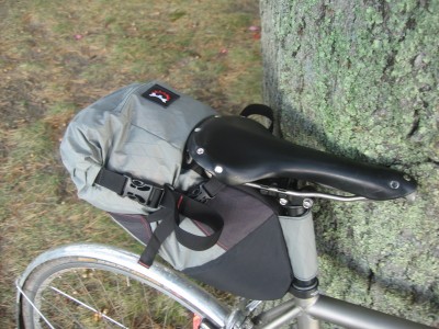 Standard seat bag stuffed with tools and extra layers. 