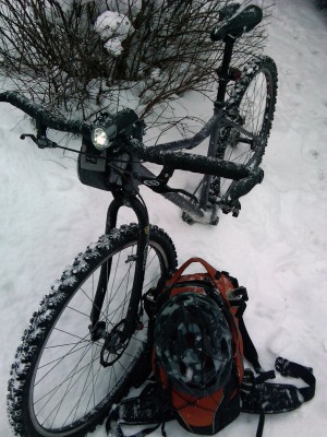 29er, studded tires, and my Indigo backpack with extra layers and an assortment of things I picked up in town...